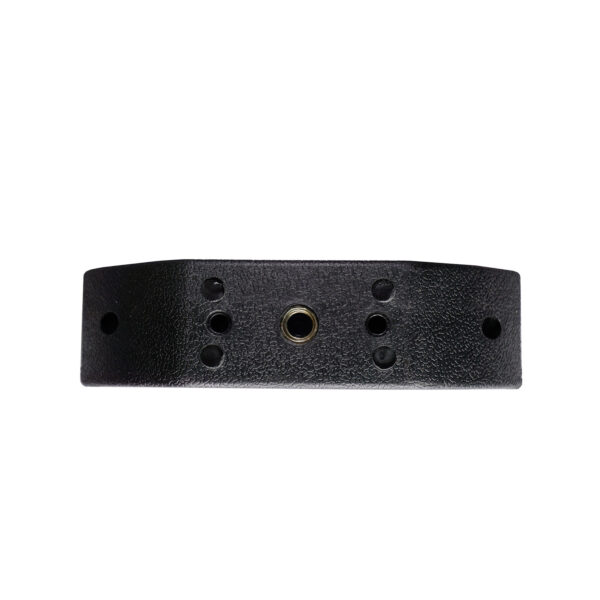 Close-up of a matte textured black Dumbbell Saddle (160 mm x 42 mm) with several holes and a central circular opening on a plain white background.
