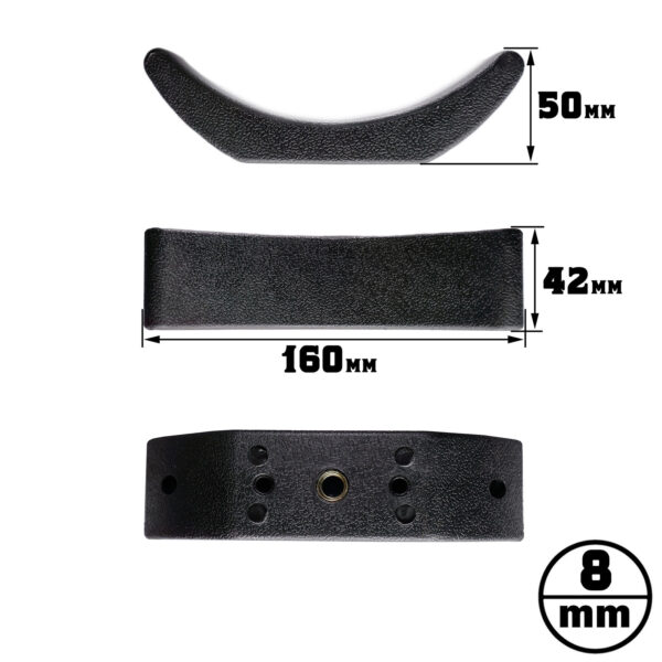 Three black, textured, curved dumbbell saddle pieces are shown with dimensions: the top has a 50 mm curve; the middle measures 160 mm x 42 mm; the bottom includes an 8 mm circular section with multiple small holes.