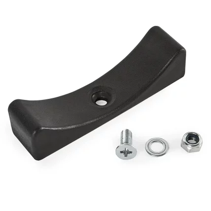 Dumbbell Saddle in black features a curved metal bar with a central hole and comes with a silver screw, washer, and nut on a white background.