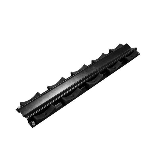 A sleek black plastic rack featuring multiple curved slots, designed for organizing items with a ribbed texture. Called the Cable Pulley 90mm, it is ideal for securing rods or similar objects.