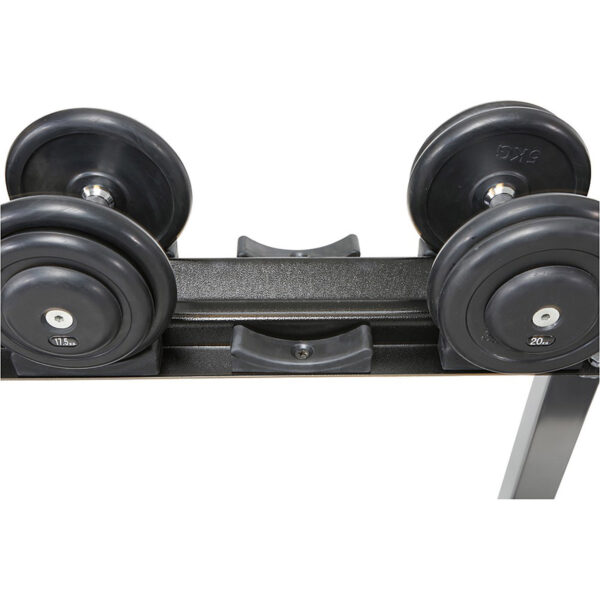 A pair of adjustable dumbbells with multiple weight plates on a black stand. The sturdy, simple stand has a metallic finish. Weights are numbered by mass. .