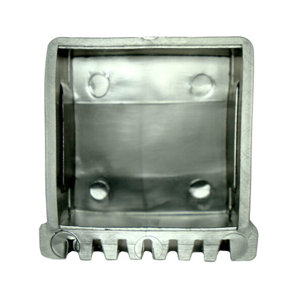 Close-up of a metallic-looking Rubber Foot 60mmx60mm with a smooth, reflective finish, featuring four circular indentations inside and a notched open bottom edge, resembling an industrial component.