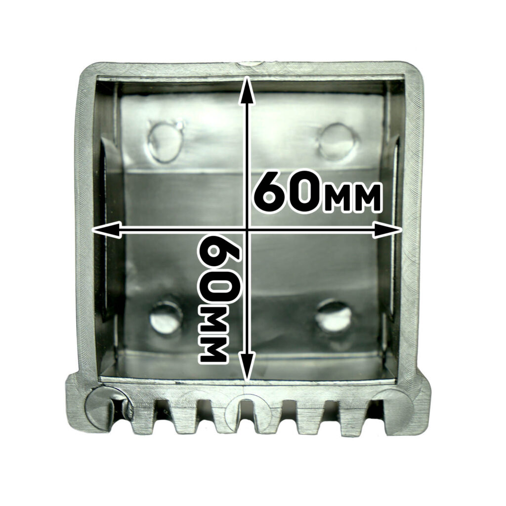Close-up of a Rubber Foot 60mmx60mm, featuring metallic grooves along the bottom edge and a reflective brushed finish.