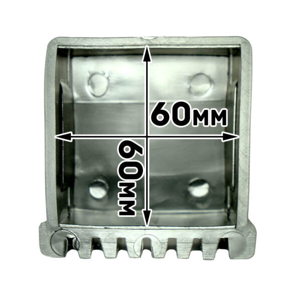 Close-up of a Rubber Foot 60mmx60mm, featuring metallic grooves along the bottom edge and a reflective brushed finish.