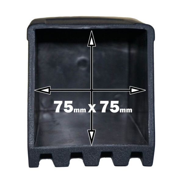 A black Rubber Foot 75mmx75mm has white arrows indicating internal measurements, a textured finish, and three evenly spaced notches on the bottom edge.