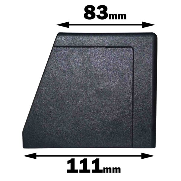 A black, rectangular object with angular top corners is depicted as the Rubber Foot 75mmx75mm, measuring 83mm in height and 111mm in width.