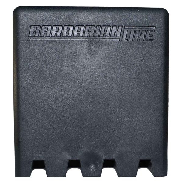 A black, rectangular Rubber Foot 75mmx75mm with BARBARIAN LINE embossed on the top and five evenly spaced slots along the bottom edge.