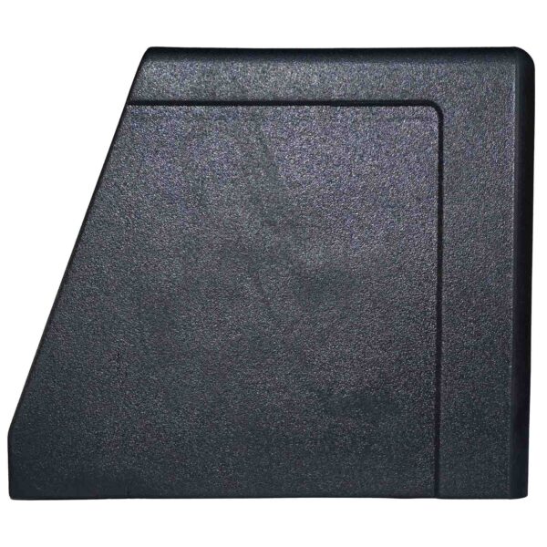 A black, rectangular rubber object with a textured surface and a slightly angled top edge, resembling a modern minimalist design; Product: Rubber Foot 75mmx75mm.