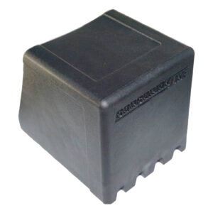 The Rubber Foot 75mmx75mm is a black plastic electronic enclosure, square-shaped with a smooth surface and slightly textured sides with embedded text, perfect for housing small electronic components.