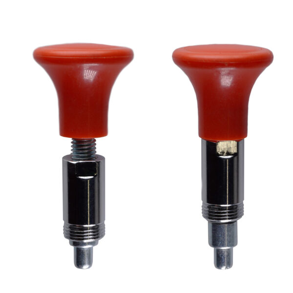 Two Pop Pin M20 30mm-9 plunger pins with red handles and metallic bases are shown on a white background, one in a retracted position and the other extended.