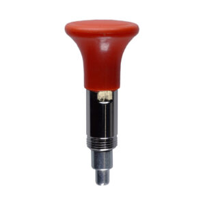 The Pop Pin M20 30mm-9 is a metal tool with a shiny cylindrical body, a rounded red plastic handle on top, and threads located near the middle.