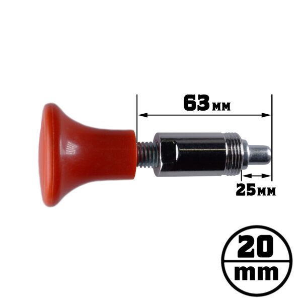 Close-up of Pop Pin M20 30mm-9 featuring a red flared grip knob with an attached metal bolt, measuring 63 mm long and 25 mm wide. A bold 20 mm label is inside a circle.