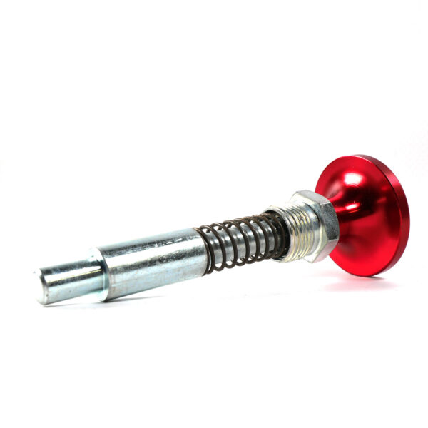 The Pop Pin M20 90mm, a metal spring-loaded plunger with a red circular knob and threaded end, is set against a white background.