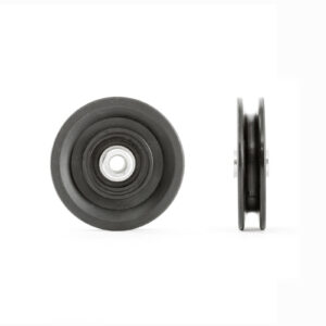 The image features two Cable Pulley 90mm wheels in black with metal centers on a white background. One wheel is shown front-on and the other side-on, showcasing its slim profile.