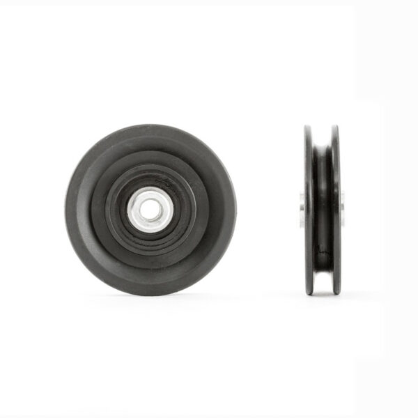 The image features two Cable Pulley 90mm wheels in black with metal centers on a white background. One wheel is shown front-on and the other side-on, showcasing its slim profile.