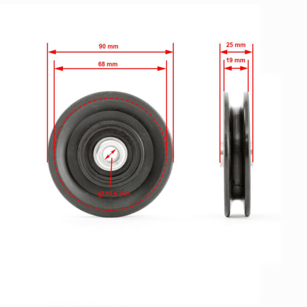 The image shows a Cable Pulley 90mm in black with visible metal bearings. The front and side views feature red measurement lines: 90mm diameter, 68mm inner diameter, 10.5mm center hole, 25mm thickness, and 19mm central width.