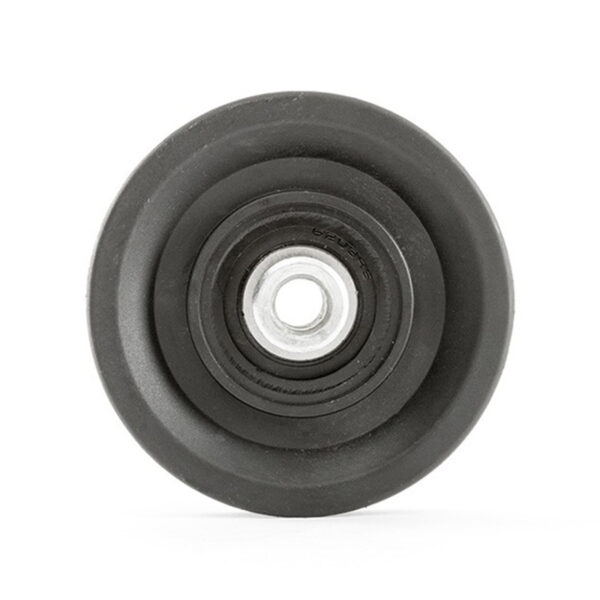 A close-up view of a single Cable Pulley 90mm features a black rubber wheel with a metal center, positioned upright to showcase its circular shape and texture against a plain white background.