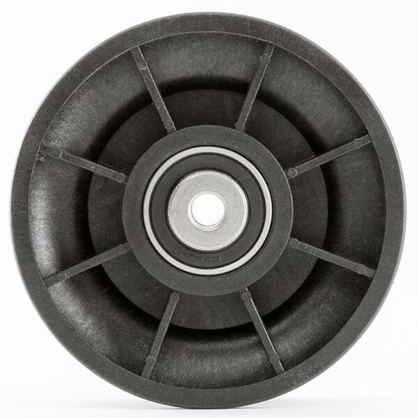 A black ATX® Pull-Up Add-On wheel for rigs and racks, featuring a plastic body with a central metal bearing and radial spoke design, is showcased head-on against a plain white background.