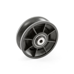A black plastic wheel with a central metallic bearing in a spoke-like design, likely part of the ATX® Pull-Up Add-On for Rigs and Racks, set against a plain white background.