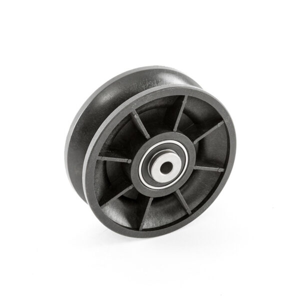 A black plastic wheel with a central metallic bearing in a spoke-like design, likely part of the ATX® Pull-Up Add-On for Rigs and Racks, set against a plain white background.