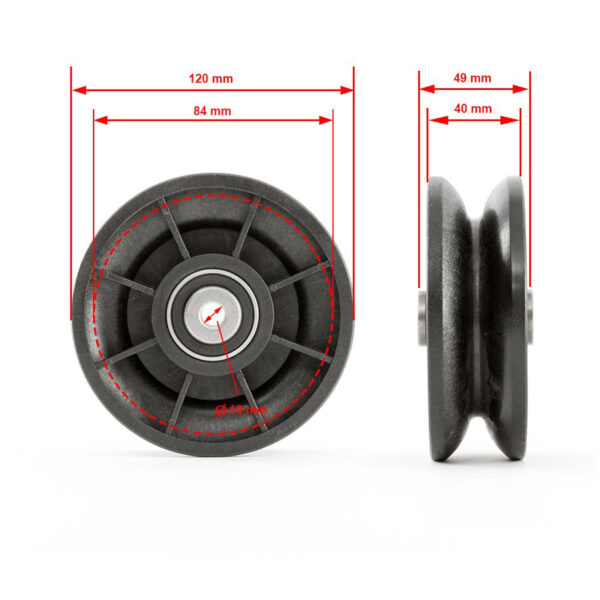 The ATX® Pull-Up Add-On for Rigs and Racks is depicted from the front and side, measuring 120 mm in diameter and 49 mm in width, featuring an internal diameter of 84 mm and groove width of 40 mm.