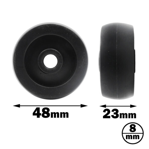 The 48mm Bench Wheel is shown in two angles: front and side. The front view reveals a hollow center, while the side view displays its thickness. Measurements of 48mm, 23mm, and an additional label of 8mm are included with arrows indicating dimensions.