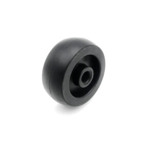 The 48mm Bench Wheel, featuring a smooth black rubber surface and central hub, is displayed against a plain white background, making it ideal for small trolleys or carts.