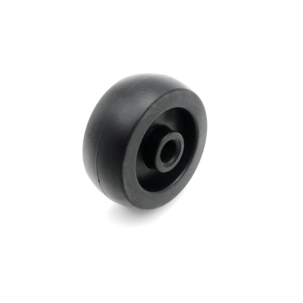 The 48mm Bench Wheel, featuring a smooth black rubber surface and central hub, is displayed against a plain white background, making it ideal for small trolleys or carts.