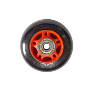 Close-up of the 70mm Bench Wheel featuring a red hub with three cutout sections and a black outer ring, complete with a metal bearing in the center.