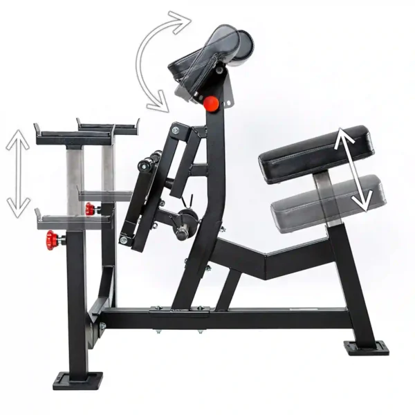 The ATX® Bicep Blaster Preacher Curl offers an adjustable seat and support pads, making it ideal for preacher curls. Arrows indicate the customizable height settings on the seat and armrest. Its robust metal frame guarantees durability during workouts.