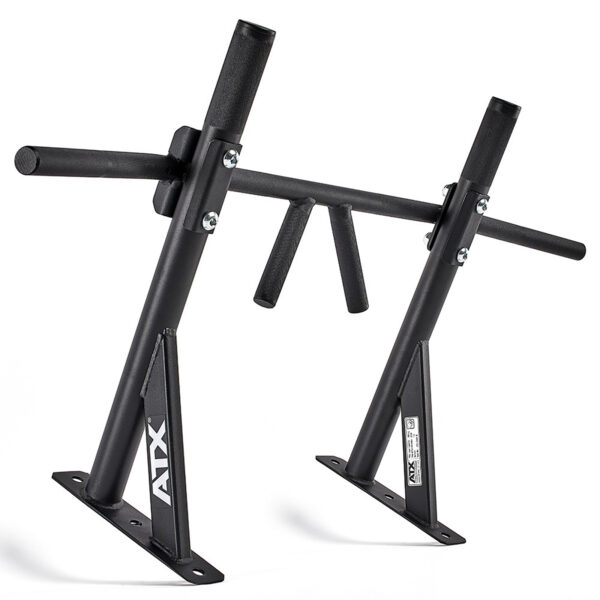 The ATX® Chin Up Bar Wall Mounted is a black pull-up bar featuring multiple grip options and sturdy construction for strength training, with two vertical mounting plates for enhanced stability.