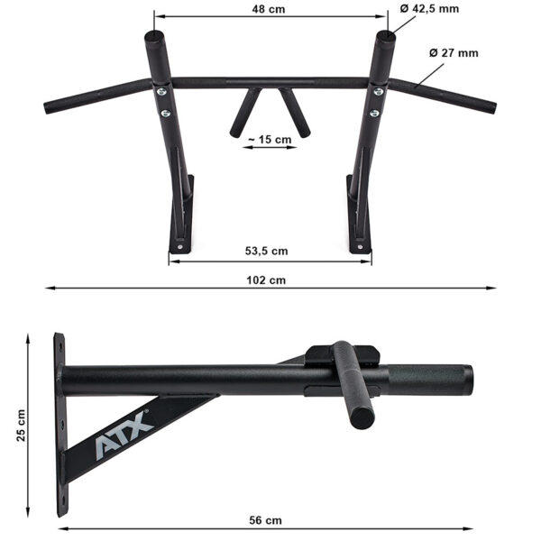Image of the ATX® Chin Up Bar Wall Mounted in black, showcasing dimensions: top view with 48 cm width, 15 cm grip spacing, and a handle diameter of 42.5 mm; side view with height of 25 cm, length of 56 cm, rod diameter of 27 mm; featuring ATX logo on side arm.