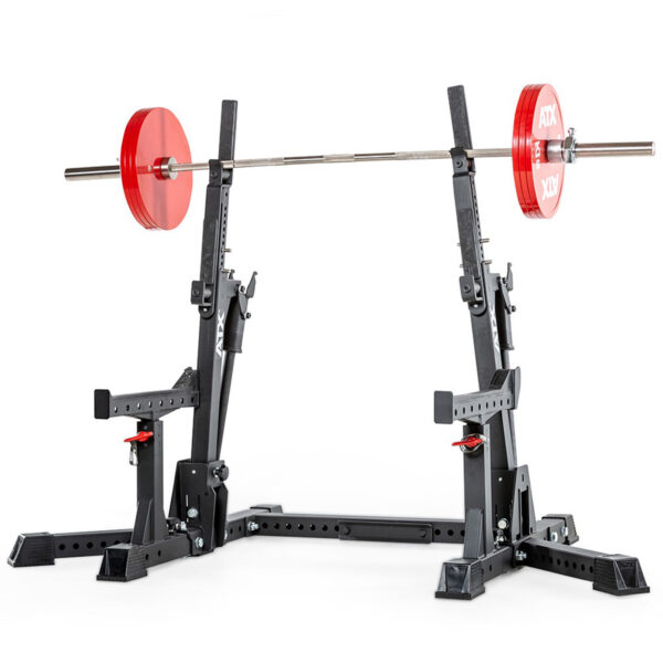 The ATX® Competition Combo Rack features a barbell loaded with red weight plates. This black rack includes adjustable height settings and safety catches, ideal for weightlifting and strength training exercises.