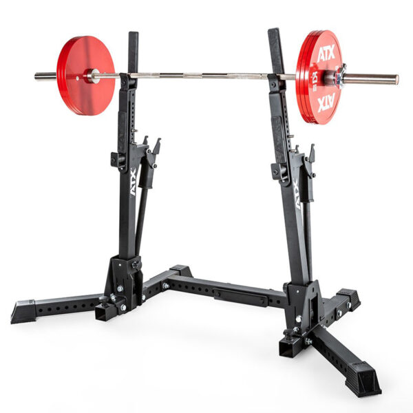 The ATX® Competition Combo Rack, featuring red weightlifting barbells, is mounted on a black adjustable squat rack suitable for various exercises, set against a white background.