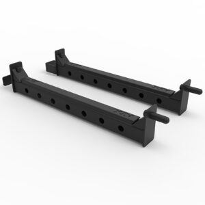 On a white background lie two ATX® Flip Down Spotters 6/65 in black metal. Each features multiple adjustment holes and a safety pin, with a sturdy and functional design for weightlifting.