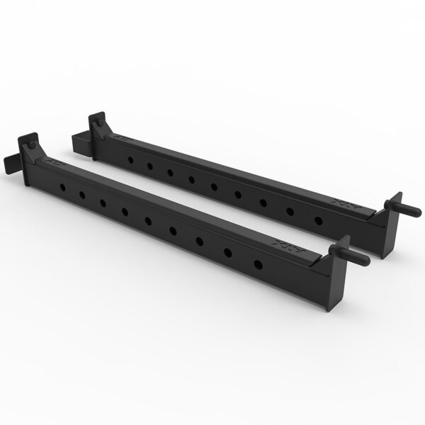 Two ATX® Flip Down Spotters 7/95 black metal brackets, featuring multiple holes and locking pins, are parallel on a white background, designed for adjustable support or mounting purposes.