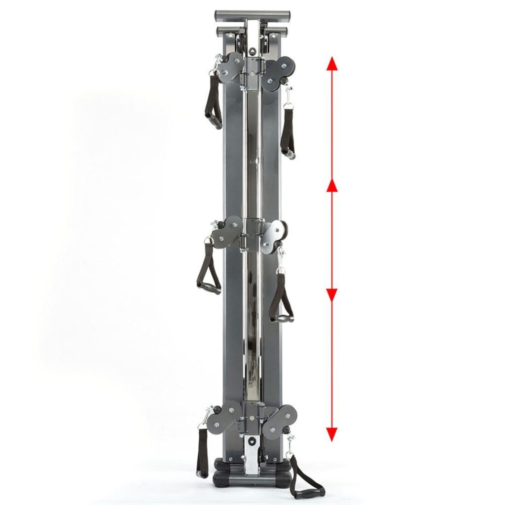 A vertical cable exercise machine with pulleys and handles on both sides, featuring a central rail with sliders for upper body workouts. The entire setup is displayed against a plain background, with red arrows indicating the height.