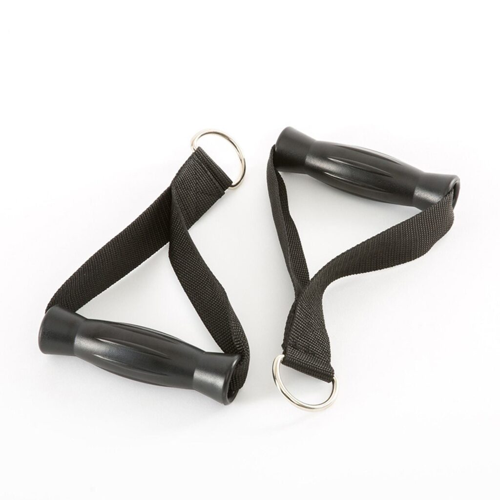 Two black resistance band handles with metal rings sit on a white background. Their ridged grips are connected by strong fabric loops, perfect for enhancing your single cable machine workout.