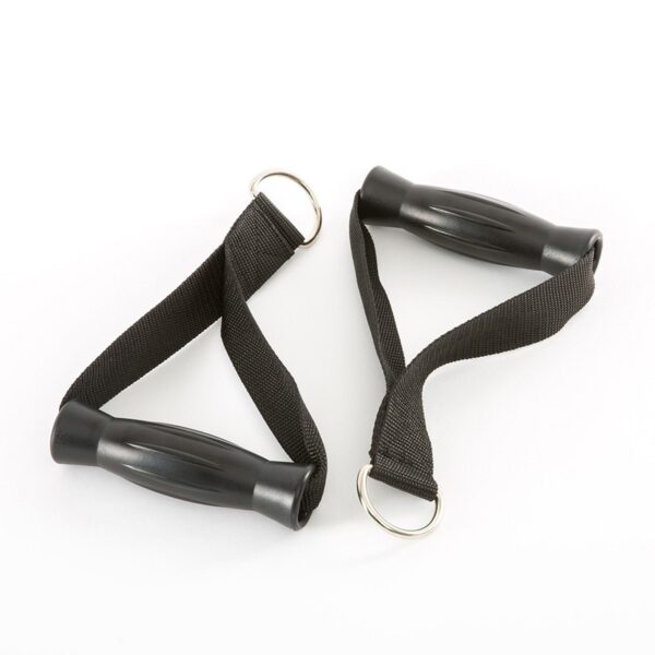 Two black resistance band handles with metal rings sit on a white background. Their ridged grips are connected by strong fabric loops, perfect for enhancing your single cable machine workout.