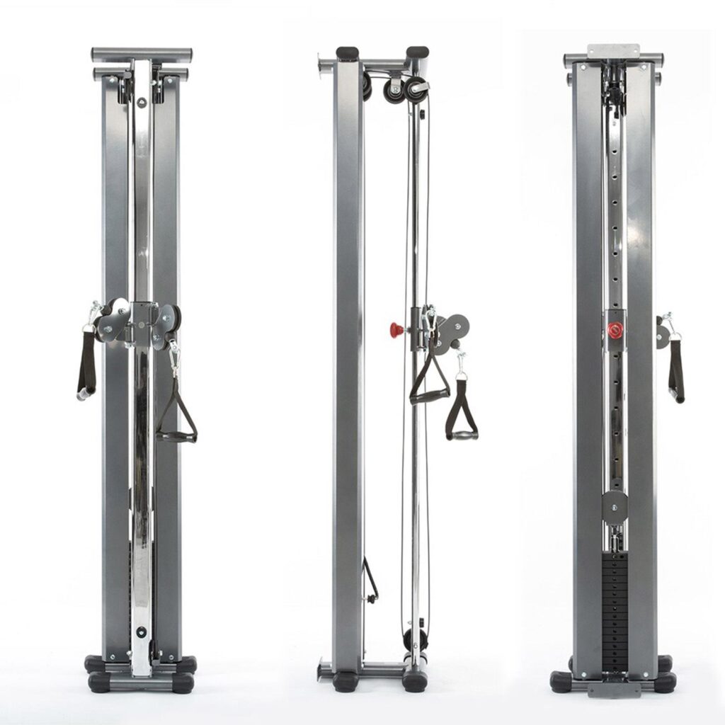 Three perspectives of a cable trainer used for strength training. The equipment is shown from the front, side, and rear angles, featuring pulleys, adjustable weights, and handles for various exercises. This metallic single cable machine boasts sleek black accents.