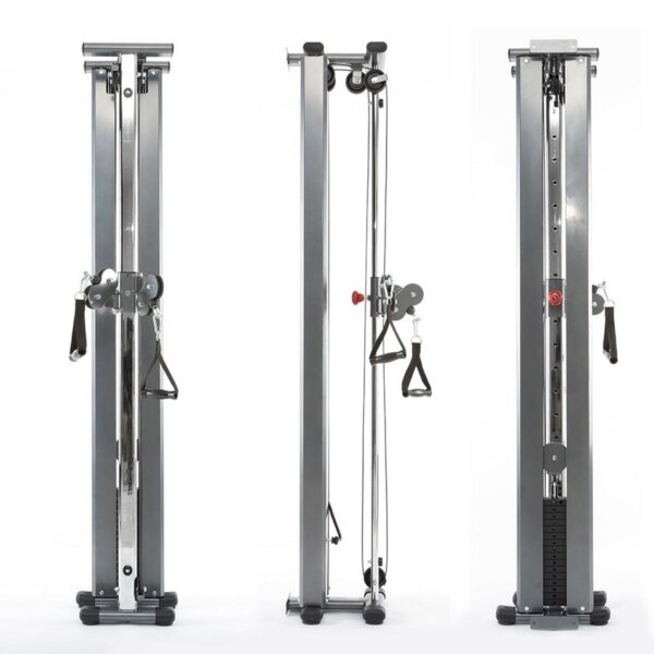 Three perspectives of a cable trainer used for strength training. The equipment is shown from the front, side, and rear angles, featuring pulleys, adjustable weights, and handles for various exercises. This metallic single cable machine boasts sleek black accents.