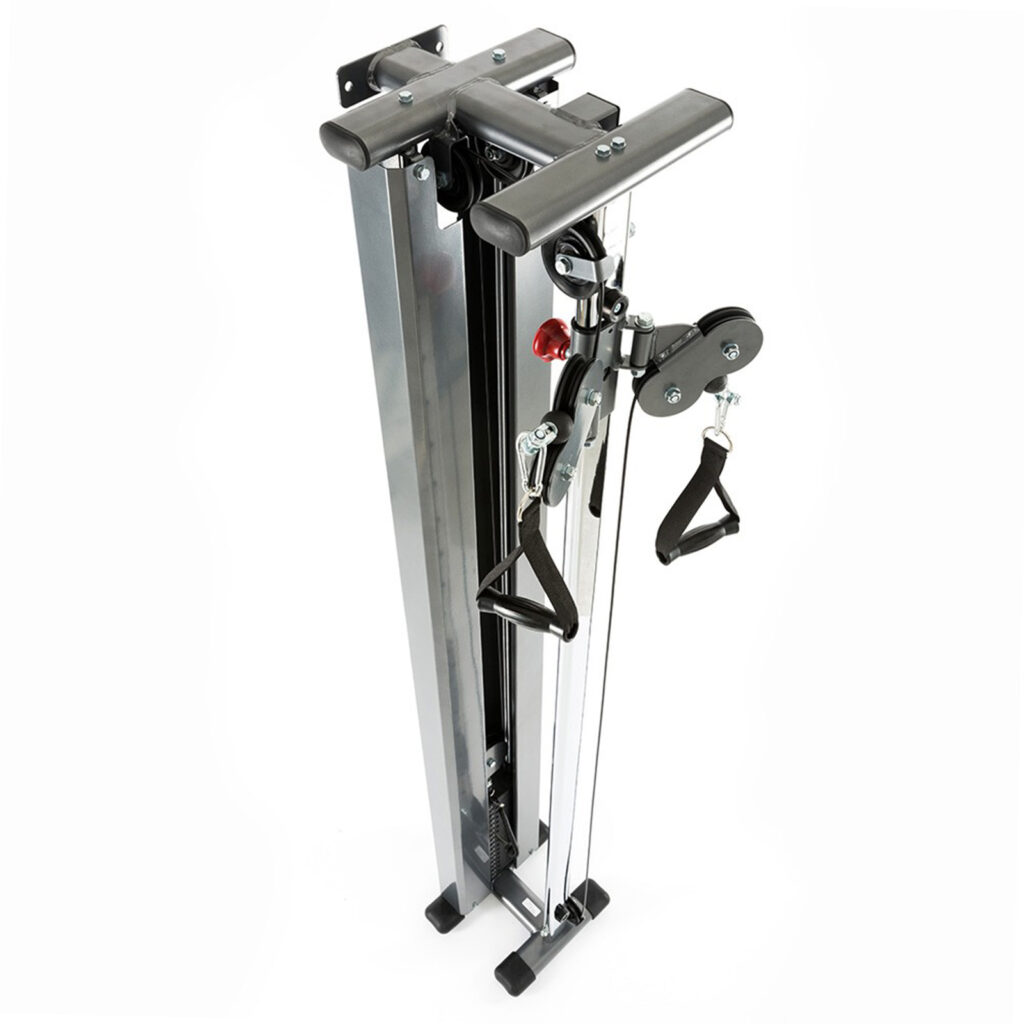 A folded home gym cable crossover machine with a compact, vertical design. This wall-mounted cable machine features pulleys, handles, and a sturdy metal frame, ideal for space-saving indoor workout setups.
