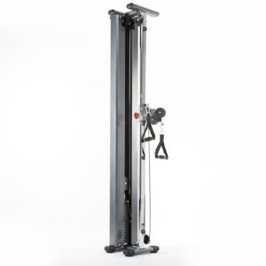 A vertical cable exercise machine with adjustable handles, designed for strength training. This sleek metallic cable trainer is wall-mounted and set against a plain white background, perfect for any modern workout space.