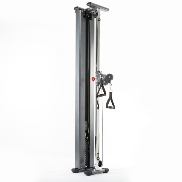 A vertical cable exercise machine with adjustable handles, designed for strength training. This sleek metallic cable trainer is wall-mounted and set against a plain white background, perfect for any modern workout space.
