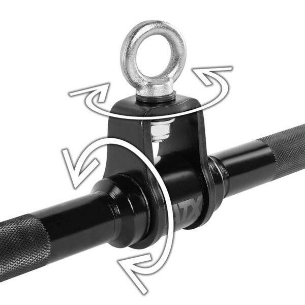 The ATX® Lat Bar Blackline features a black design with a rotating joint, an attached eyelet for hanging, arrow graphics for rotation guidance, and textured grips at both ends for a secure hold during workouts.