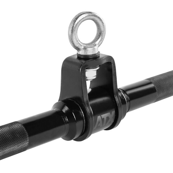 The ATX® Lat Bar Blackline features a cylindrical design with textured grips on both sides and a central swivel joint with an eyelet, ideal for cable or pulley attachments.