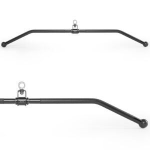 The ATX® Lat Bar Blackline is a stylish black V-shaped metal lat pulldown bar with rubber ball handles on each end and a central rotating attachment for easy connection to gym equipment, showcased in full view and close-up.