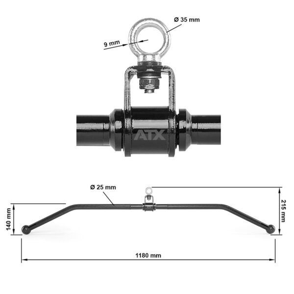 The diagram of the ATX® Lat Bar Blackline displays measurements: a ring attachment with a 35mm diameter and 9mm screw on the sleek black bar. The full bar measures 1180mm in length, with a height of 140mm and a diameter of 25mm.