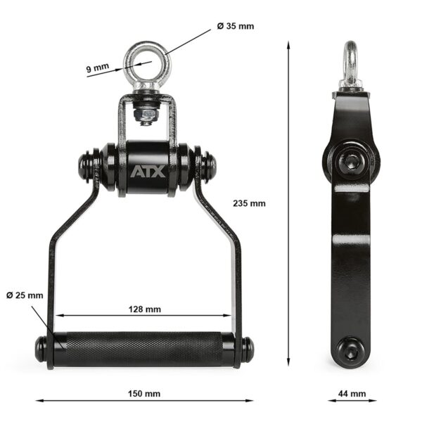 The ATX® Stirrup Handle Blackline is displayed from front and side views, featuring a rotating handle with grip attachment. It measures 235mm in height and 150mm in width, with labeled parts including a 128mm handle and diameters of 9mm, 35mm, and 25mm.