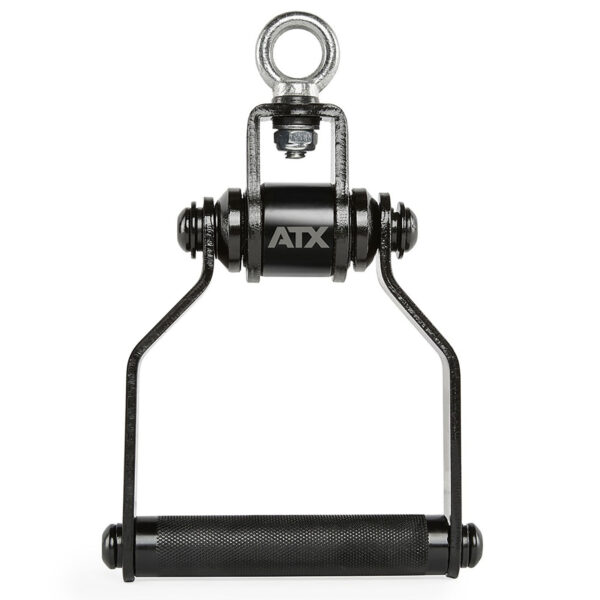 The ATX® Stirrup Handle Blackline is a black exercise handle with a steel eyelet and knurled grip for secure weightlifting or cable machine use. It features an attached roller, ideal for dynamic movement exercises.